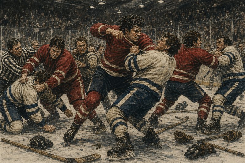 1970s NHL brawl scene with wool sweaters and helmetless players