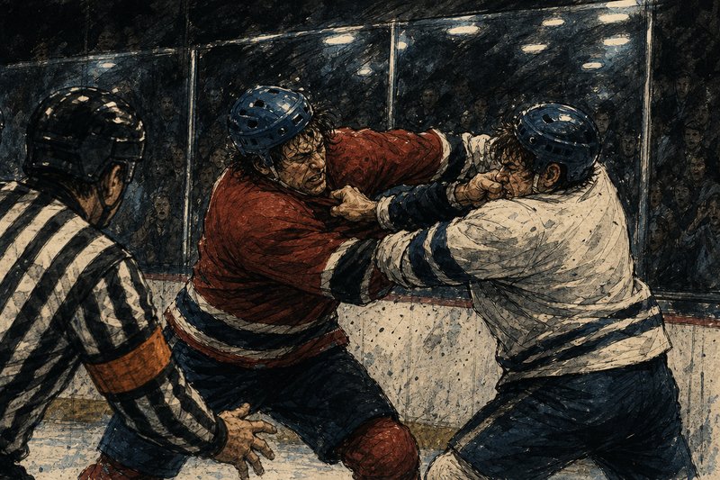 1990s NHL enforcer fight scene with transitional helmets and overhead arena lighting