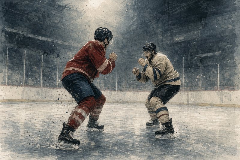 Modern era illustration of a solitary NHL fight on otherwise empty ice