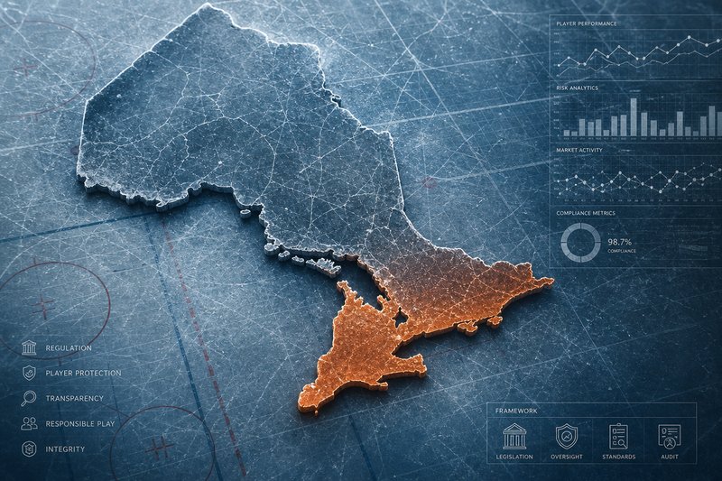 Editorial illustration of Ontario's regulated iGaming framework on an ice-rink grid
