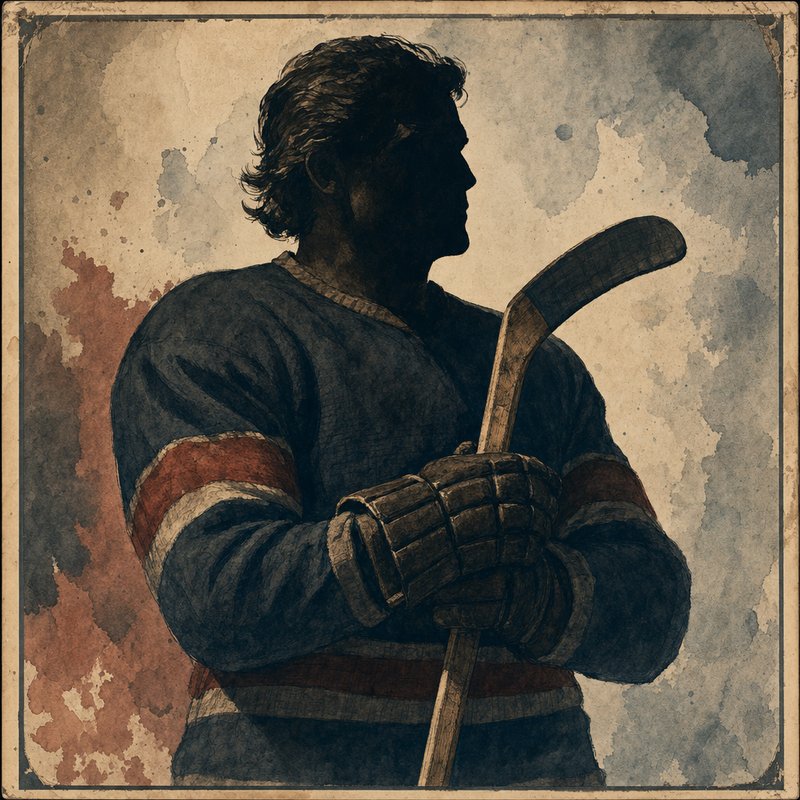 Editorial portrait of an older-era NHL hockey figure with hockey stick across the chest