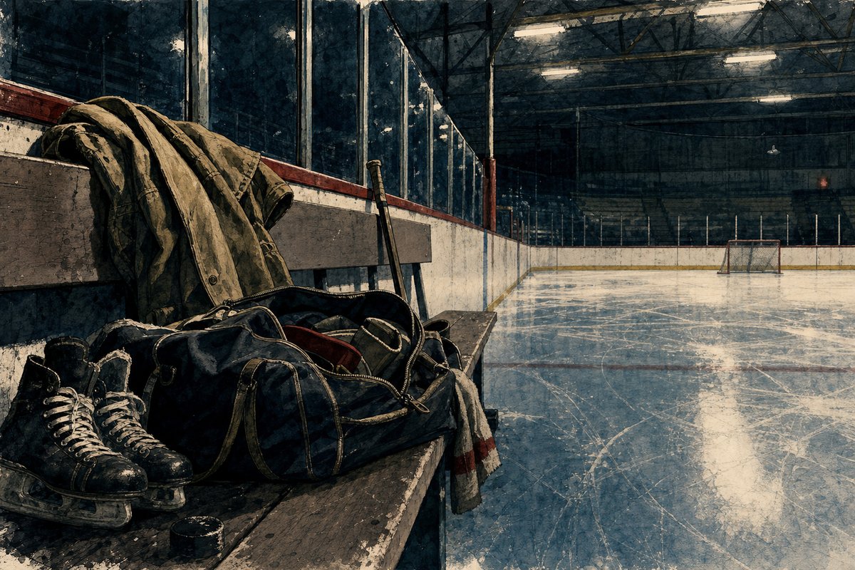 Editorial scene of a quiet small-town rec rink late at night under buzzing fluorescent lights, well-worn hockey gear and a beer-coat draped over the bench, the warmth of camaraderie and nostalgia after the final buzzer