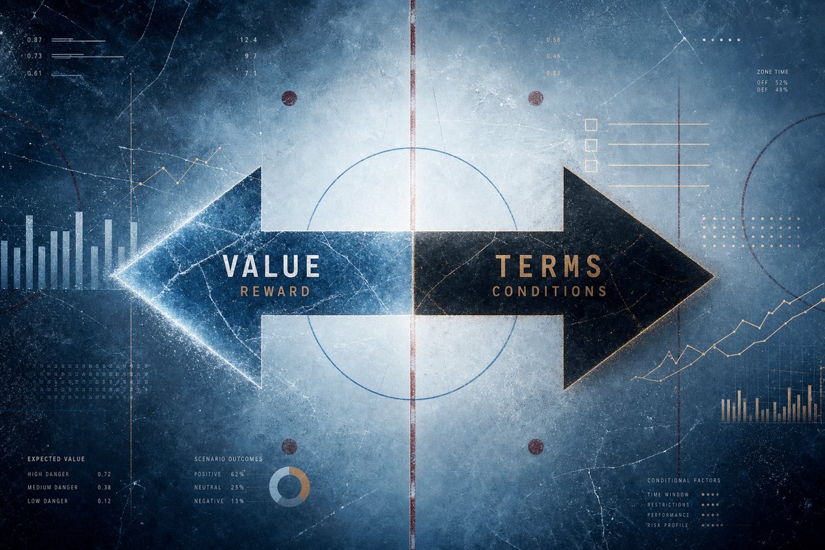 Editorial illustration of a balance-scale motif over a hockey-rink grid background