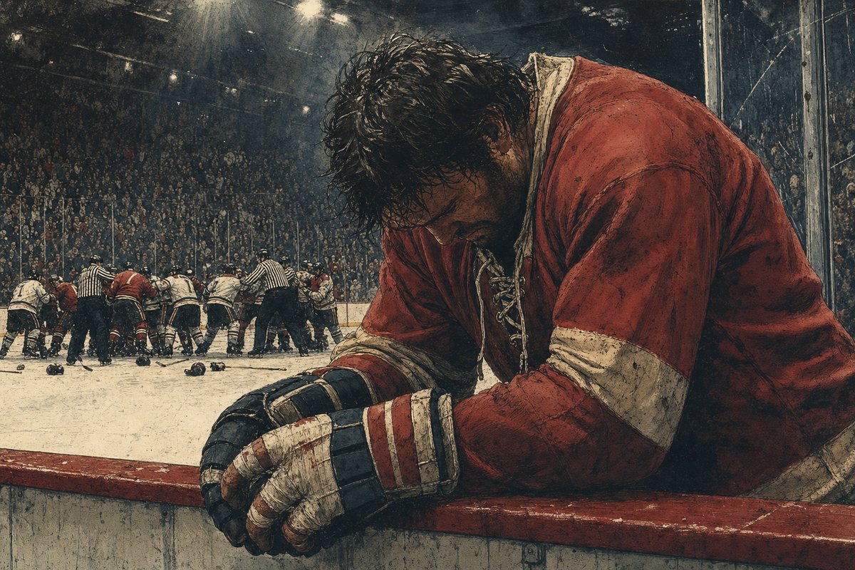 Editorial portrait of a solitary NHL enforcer leaning against the boards, gloves resting on the ledge
