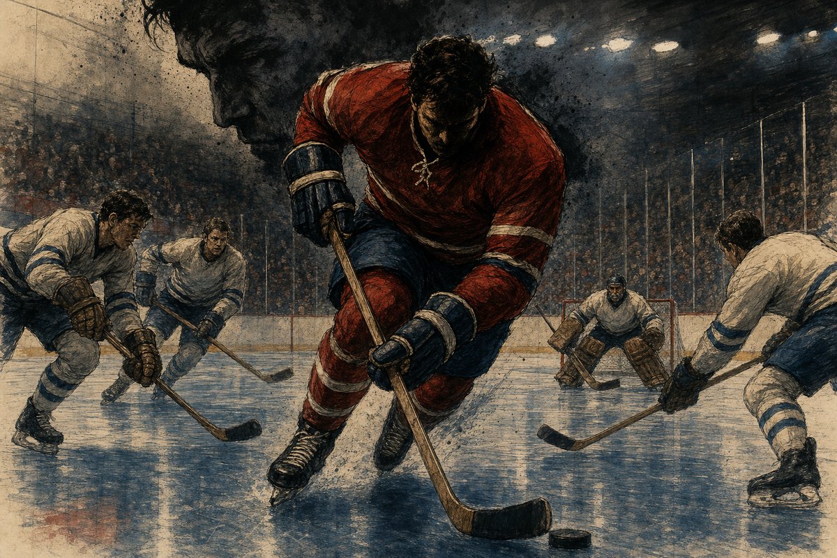 Editorial concept of a towering 1990s power forward bearing down through centre ice, head up, shoulders squared, no recognizable face or team markings