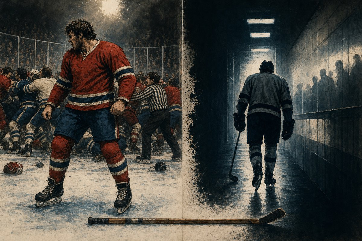 Editorial diptych: the 1980s enforcer on the left, the modern player walking into the tunnel on the right