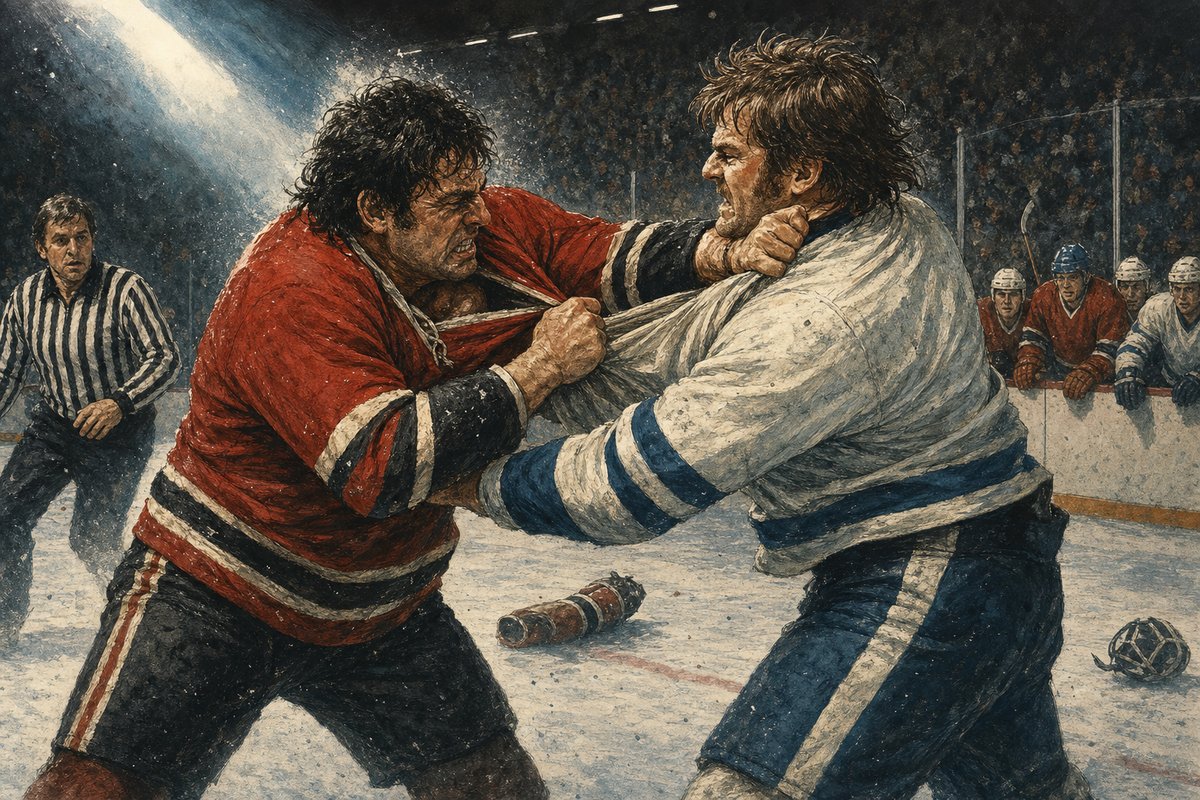 Vintage editorial illustration of an NHL bench-clearing brawl, two enforcers locked together mid-fight