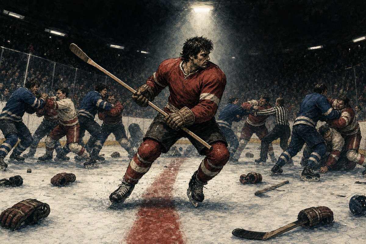 Editorial illustration of an NHL enforcer mid-skate, stick held diagonally across the body