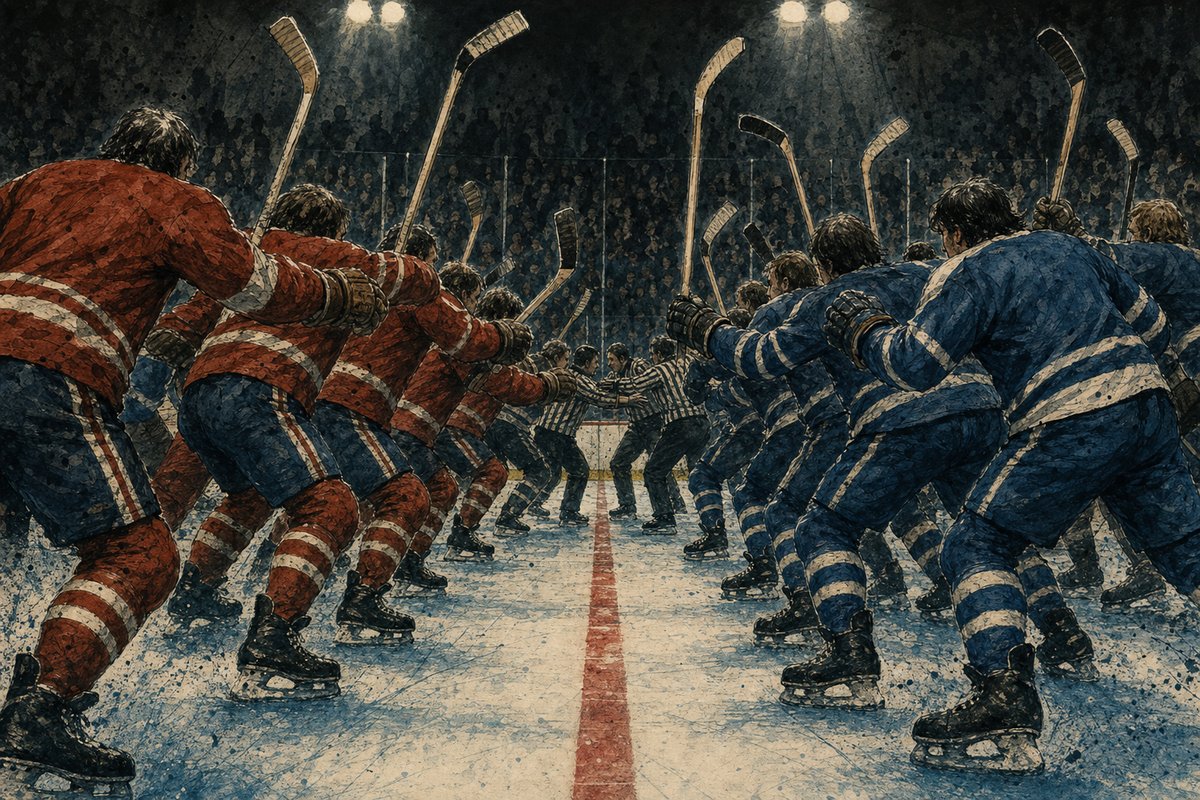 Editorial illustration of two unmarked NHL teams squared off across the centre line of the rink