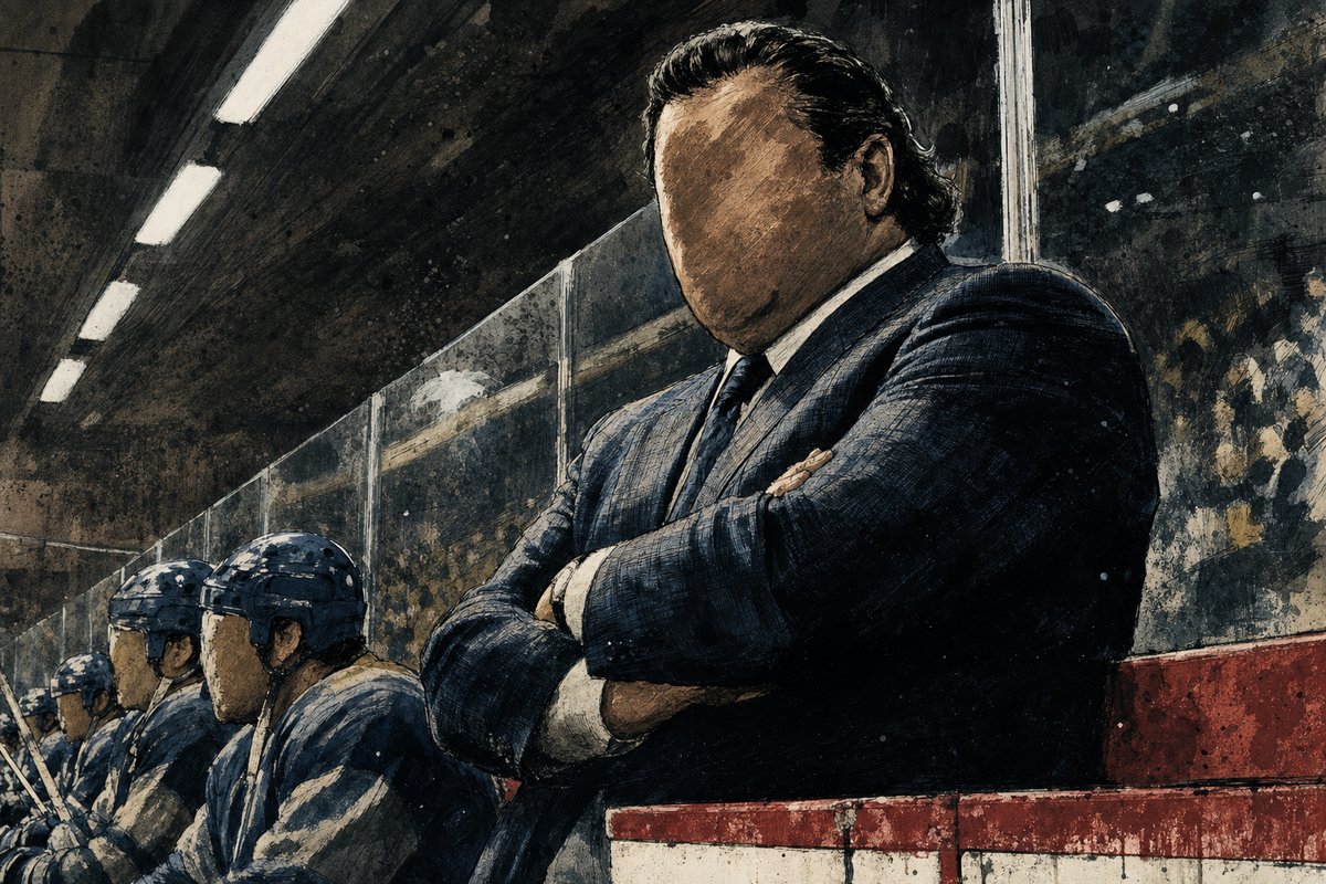 Editorial portrait of a heavyset bench-boss coach standing behind the boards in a late-twentieth-century arena, arms folded, the cigar-era gravitas of an old-school NHL coaching figure