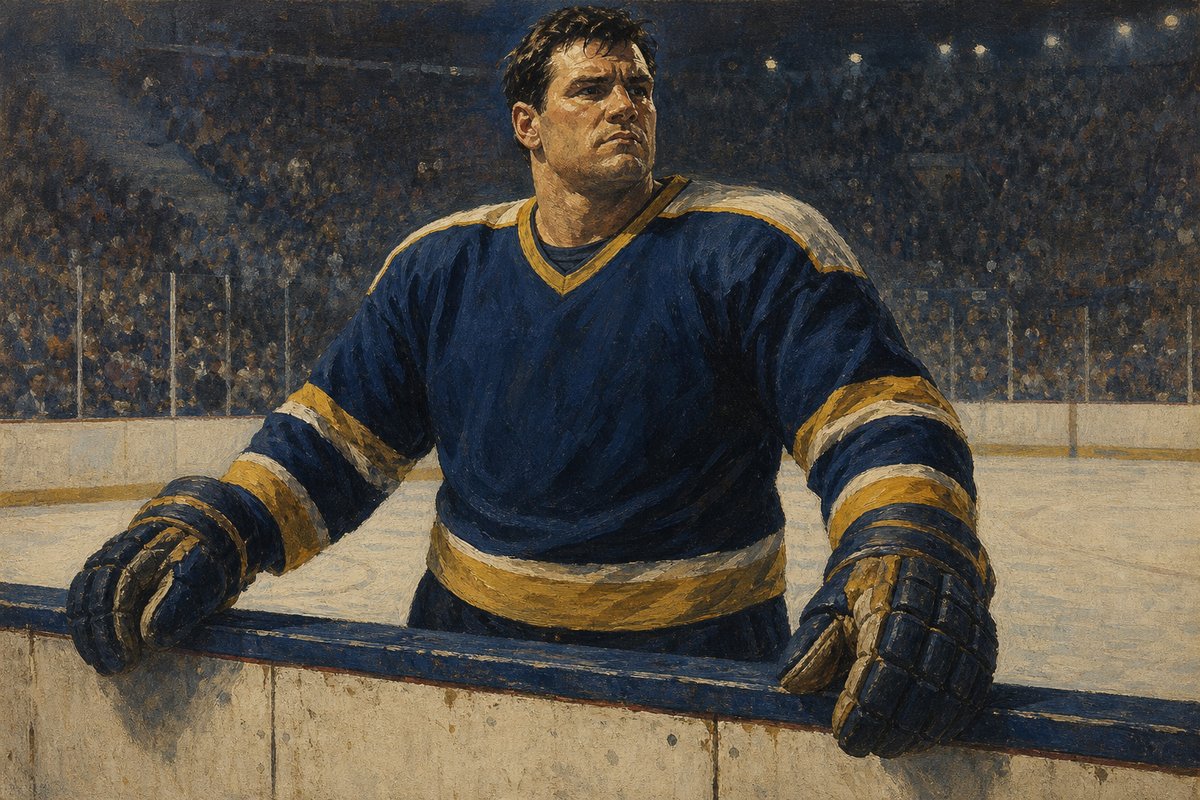 Vintage editorial illustration of a powerful NHL enforcer in a navy and gold jersey leaning against the boards