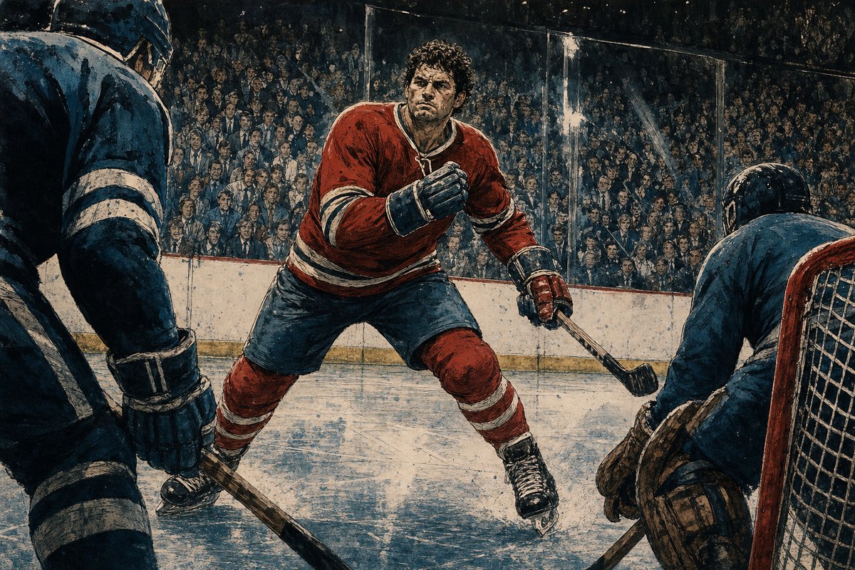 Editorial concept of a gritty late-1980s power forward under Toronto arena lights, fists half-raised yet poised to shoot, no recognizable face, number or crest