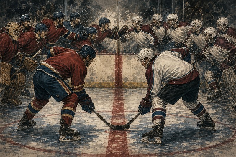 Editorial illustration of two iconic 1990s NHL rivalry teams across the centre line