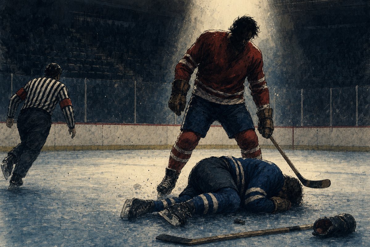 Editorial illustration evoking the Todd Bertuzzi-Steve Moore incident of March 8, 2004